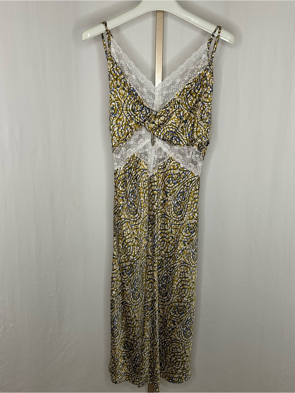 Anthropologie Olive Paisley Lace-Trim Slip Dress